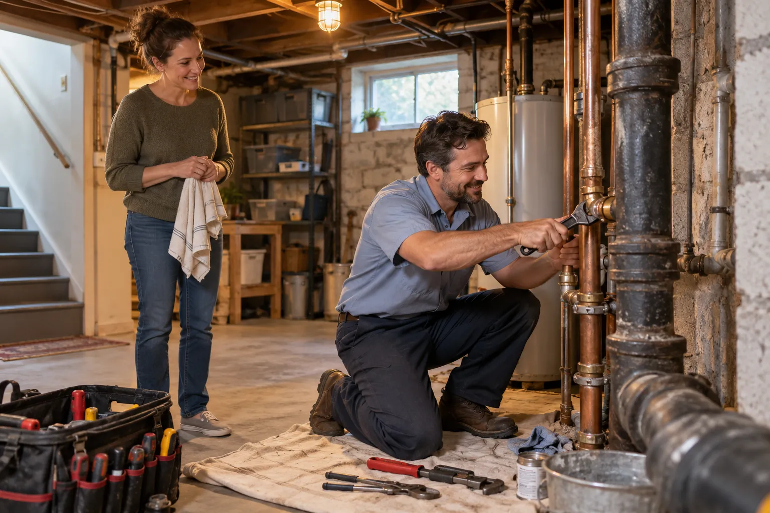 A friendly local plumber checking a pipe under a basement ceiling in a Hampstead home
