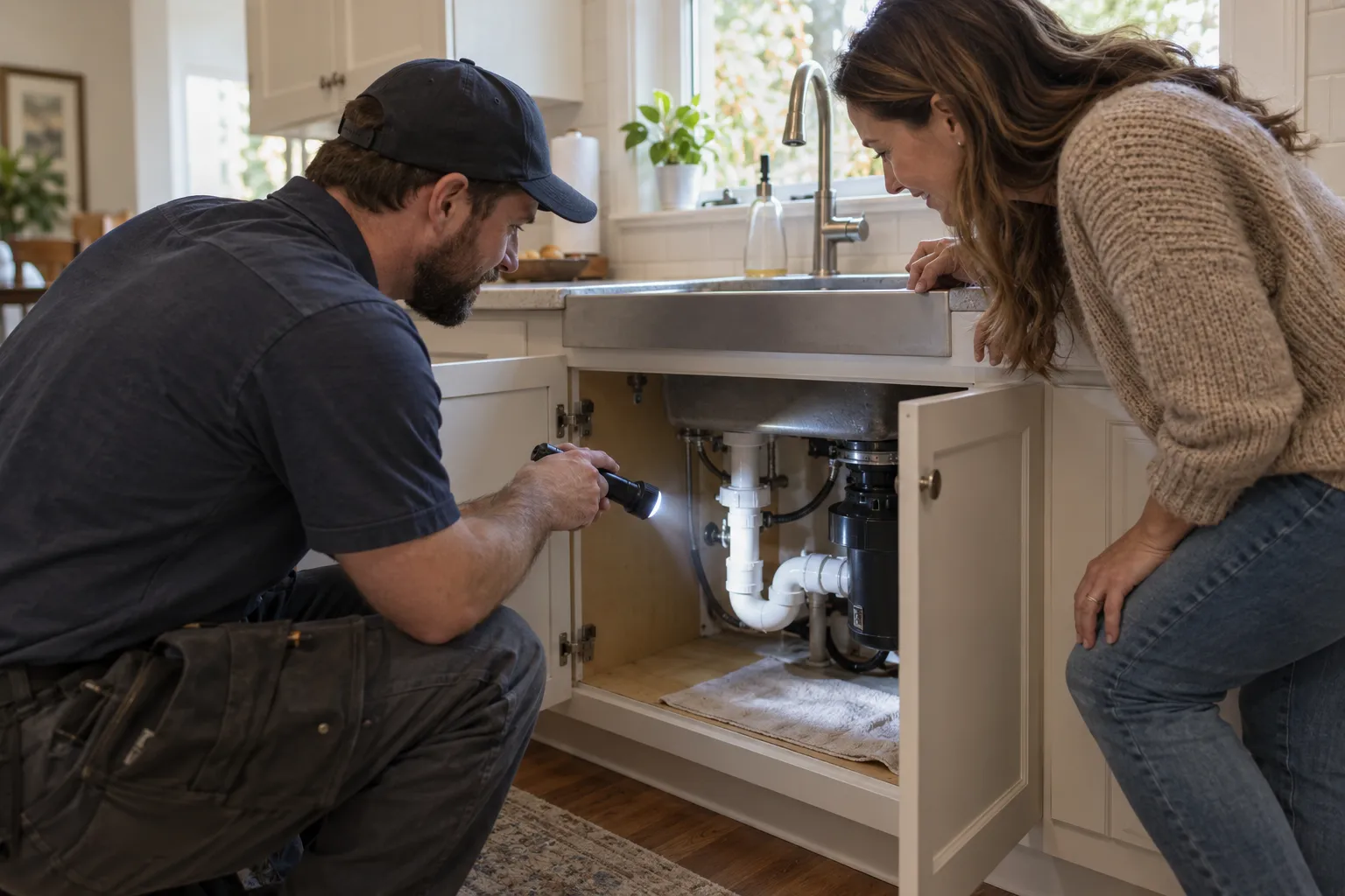 A homeowner talking with a plumbing provider in a kitchen in the Hampstead area