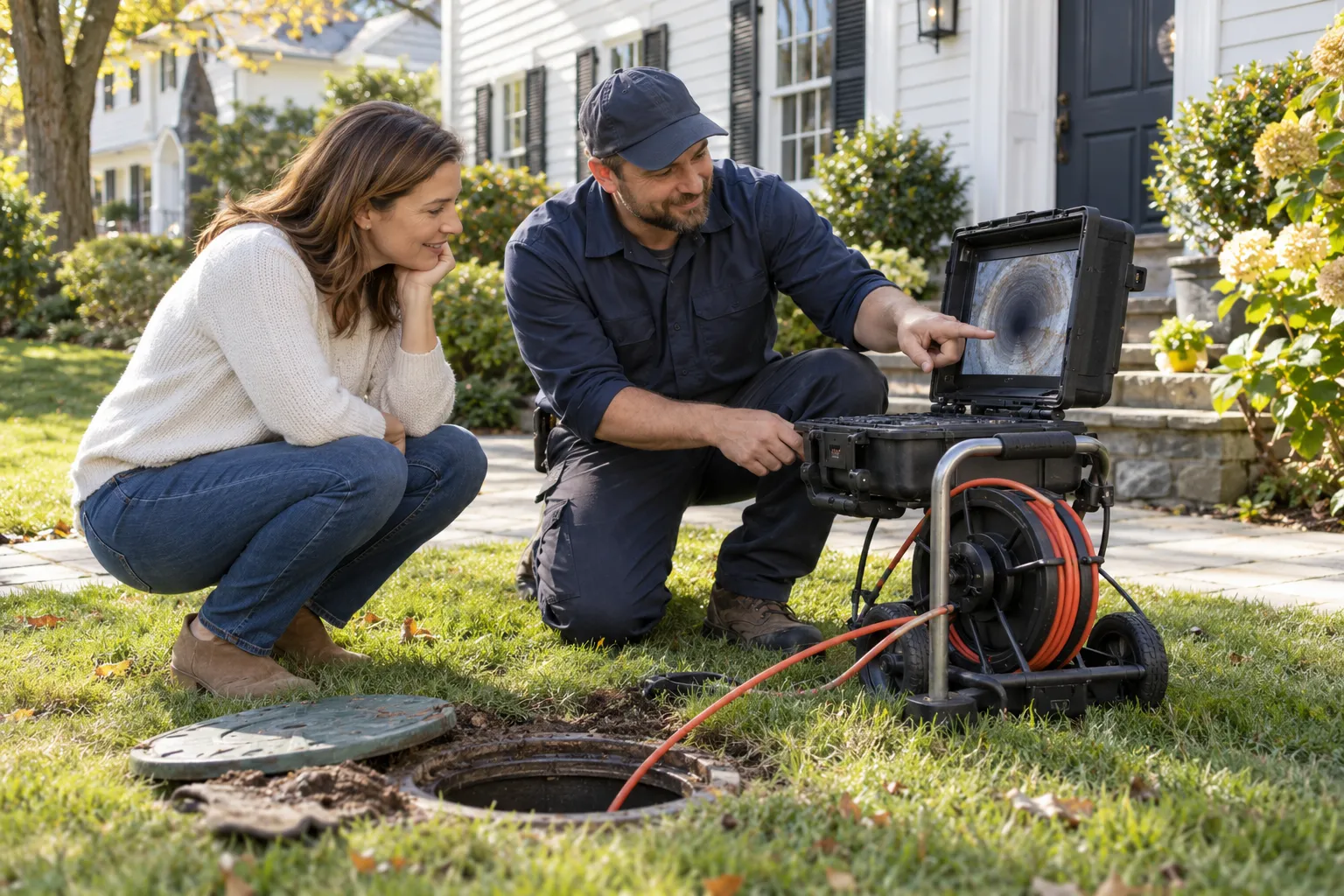 Friendly plumbing provider showing a homeowner a camera inspection screen near a yard in the Hampstead area